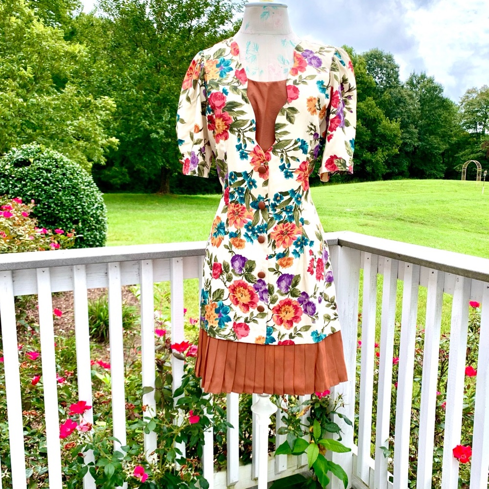 vintage 80s preppy brown floral pleated mini dress